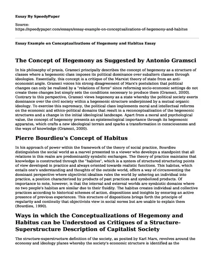 Essay Example on Conceptualizations of Hegemony and Habitus