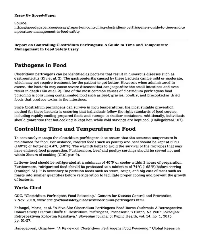 Report on Controlling Clostridium Perfringens: A Guide to Time and Temperature Management in Food Safety
