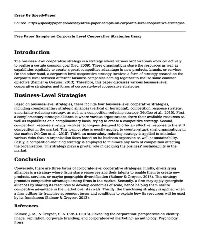 Free Paper Sample on Corporate Level Cooperative Strategies