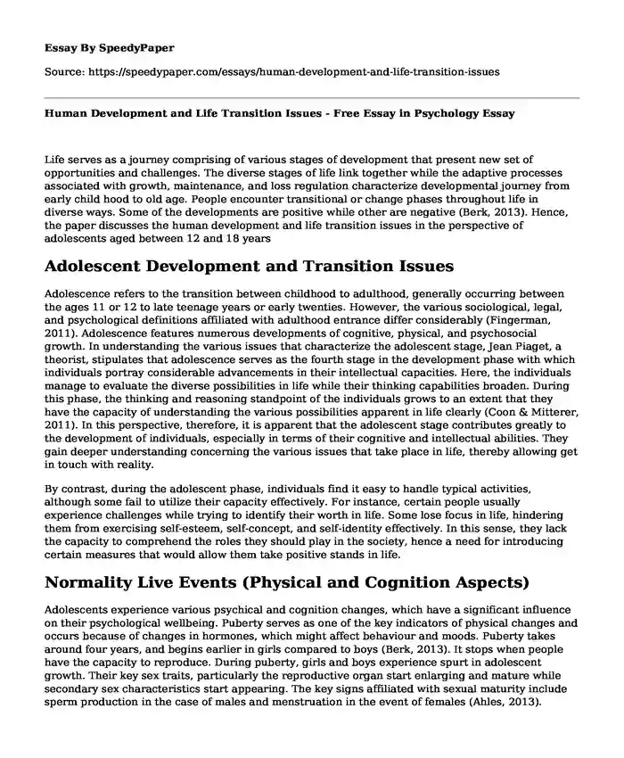 Human Development and Life Transition Issues Free Essay in