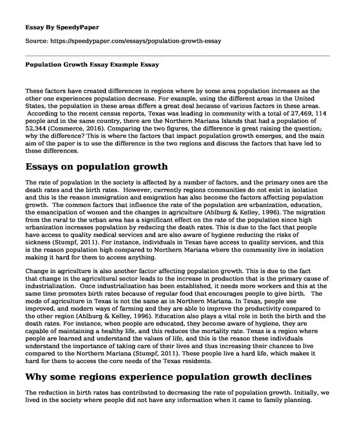 Population Growth Essay Example