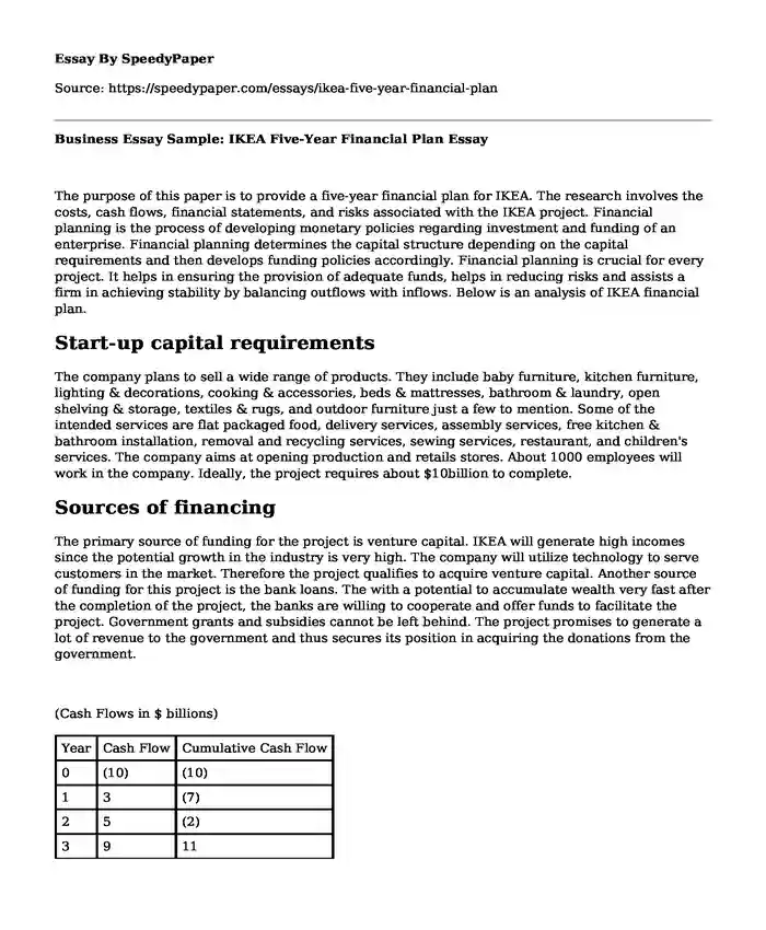 Business Essay Sample: IKEA Five-Year Financial Plan