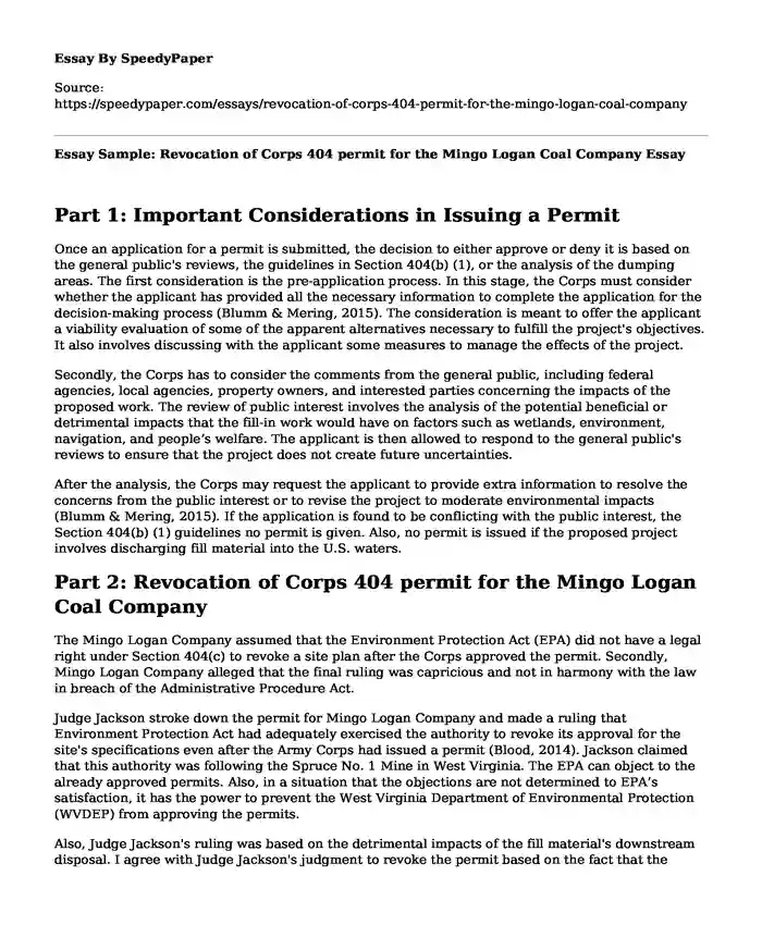 Essay Sample: Revocation of Corps 404 permit for the Mingo Logan Coal Company