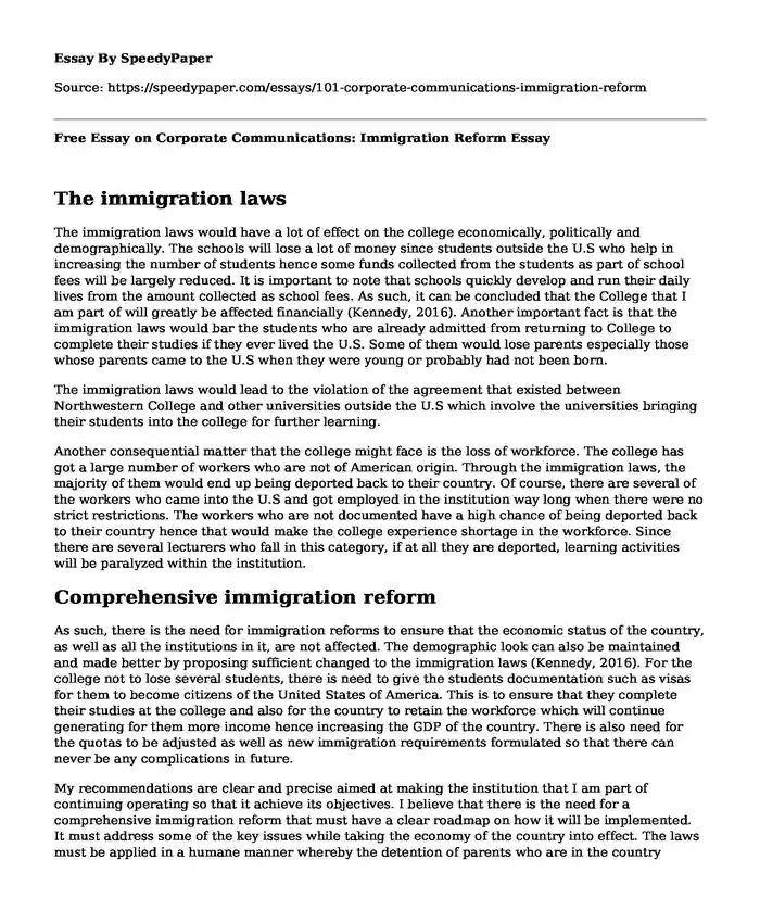 Free Essay on Corporate Communications: Immigration Reform