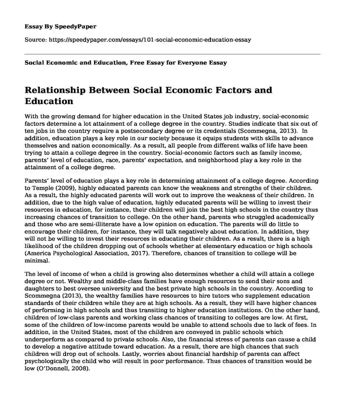 Social Economic and Education, Free Essay for Everyone