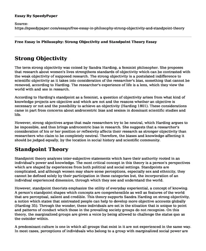 Free Essay in Philosophy: Strong Objectivity and Standpoint Theory