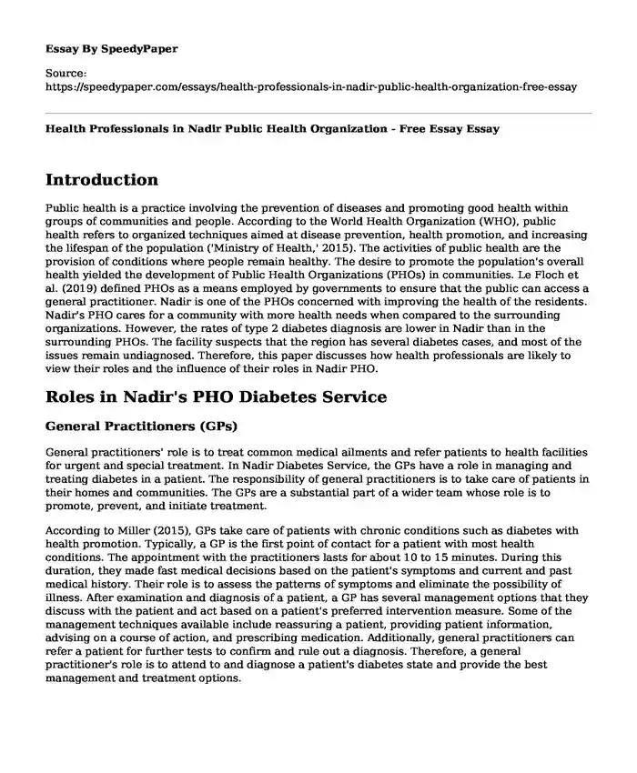 Health Professionals in Nadir Public Health Organization - Free Essay