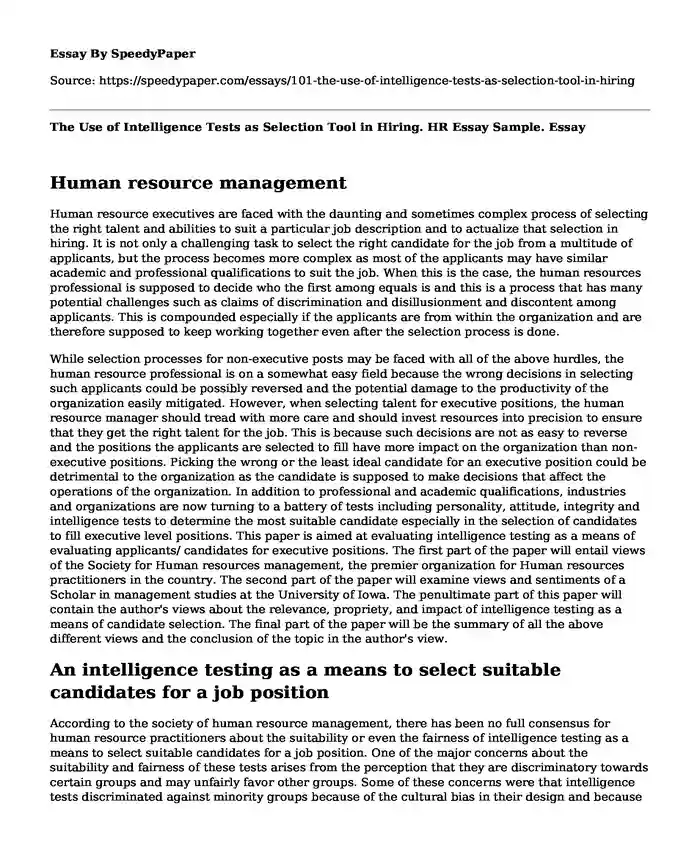 The Use of Intelligence Tests as Selection Tool in Hiring. HR Essay Sample.
