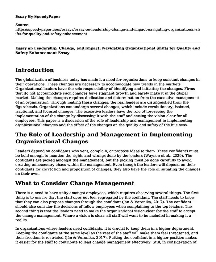 Essay on Leadership, Change, and Impact: Navigating Organizational Shifts for Quality and Safety Enhancement