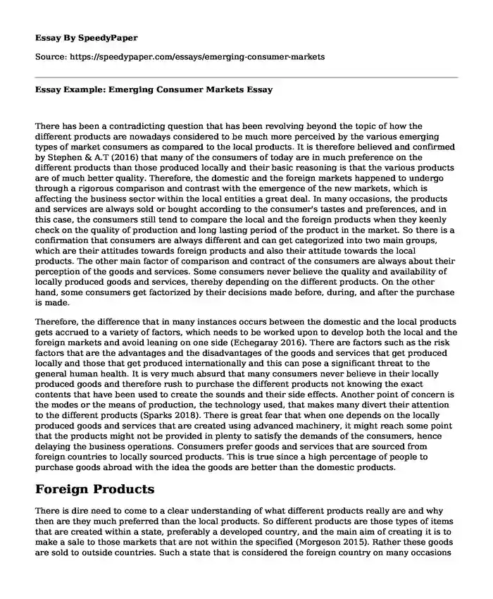 Essay Example: Emerging Consumer Markets