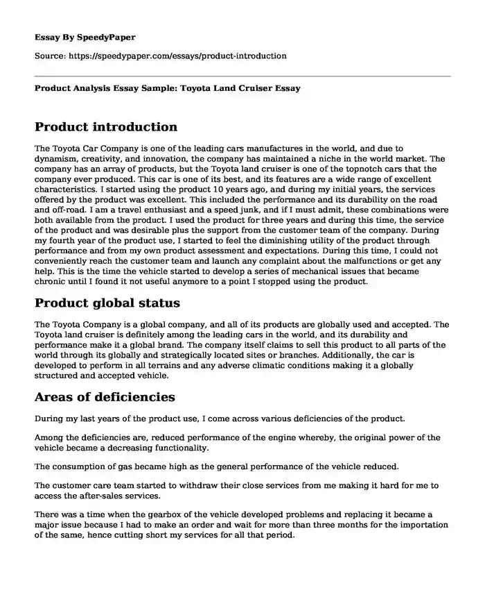 Product Analysis Essay Sample: Toyota Land Cruiser