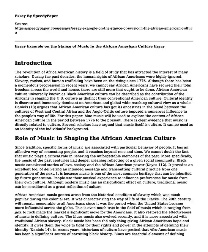 Essay Example on the Stance of Music in the African American Culture