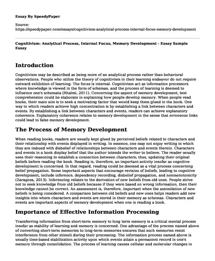 Cognitivism: Analytical Process, Internal Focus, Memory Development - Essay Sample