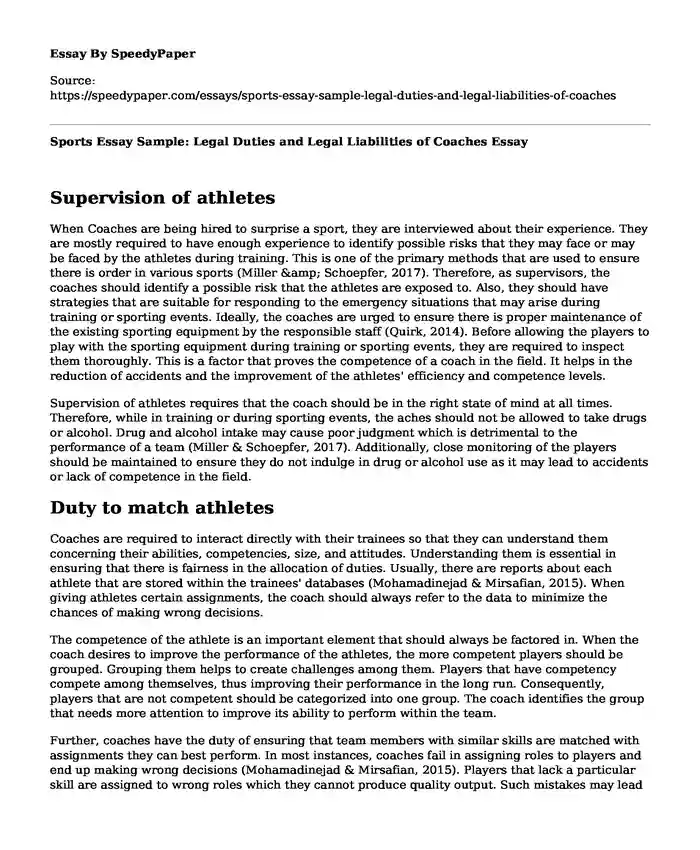 Sports Essay Sample: Legal Duties and Legal Liabilities of Coaches