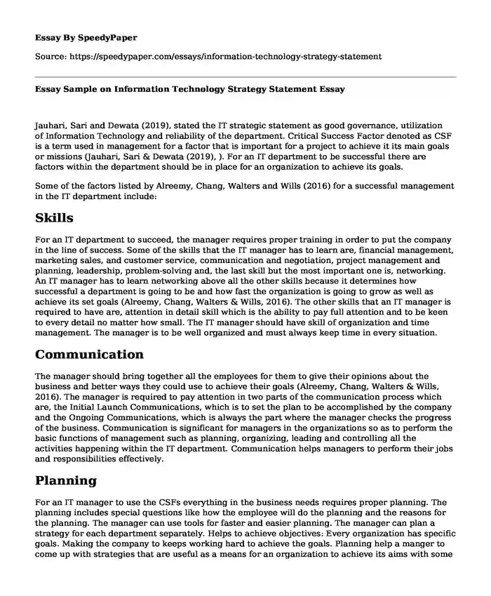 Essay Sample on Information Technology Strategy Statement
