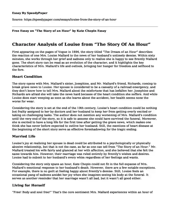 Free Essay on "The Story of an Hour" by Kate Chopin