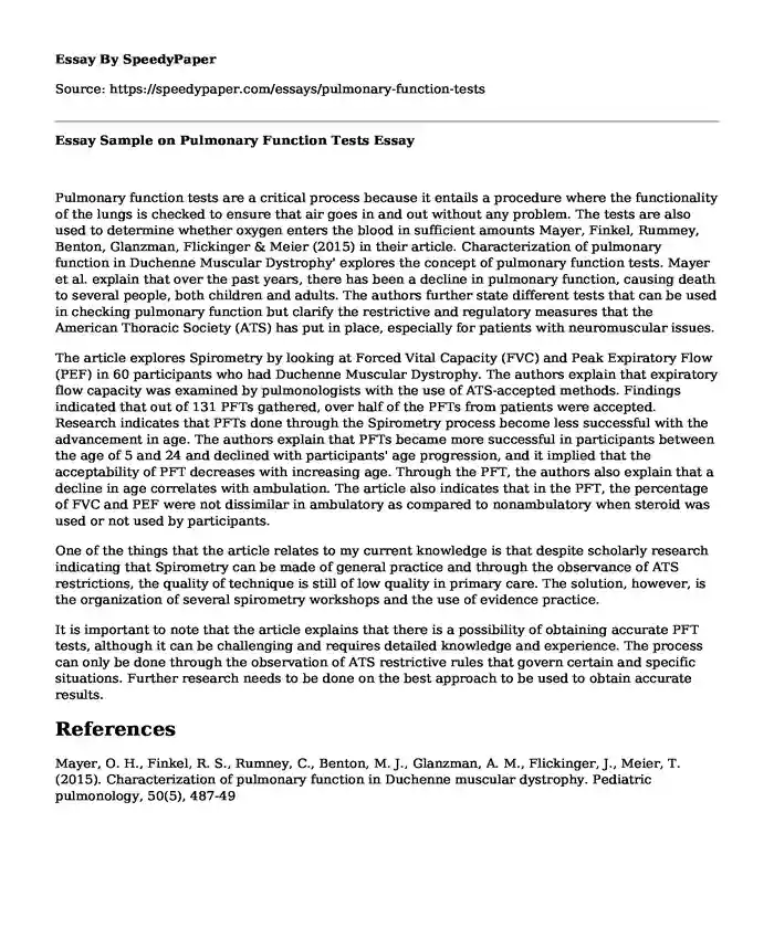 Essay Sample on Pulmonary Function Tests