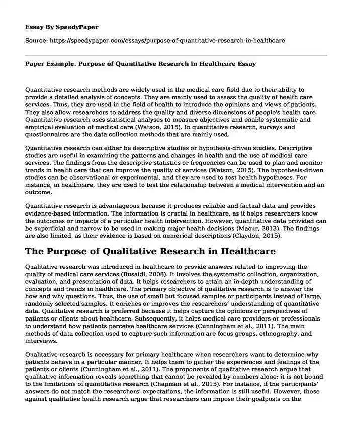 Paper Example. Purpose of Quantitative Research in Healthcare