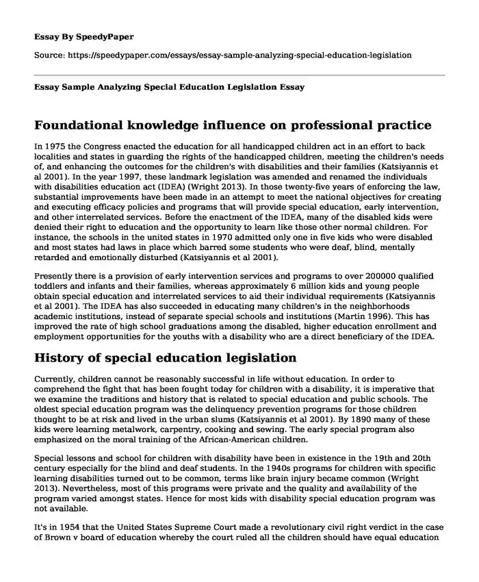 Essay Sample Analyzing Special Education Legislation
