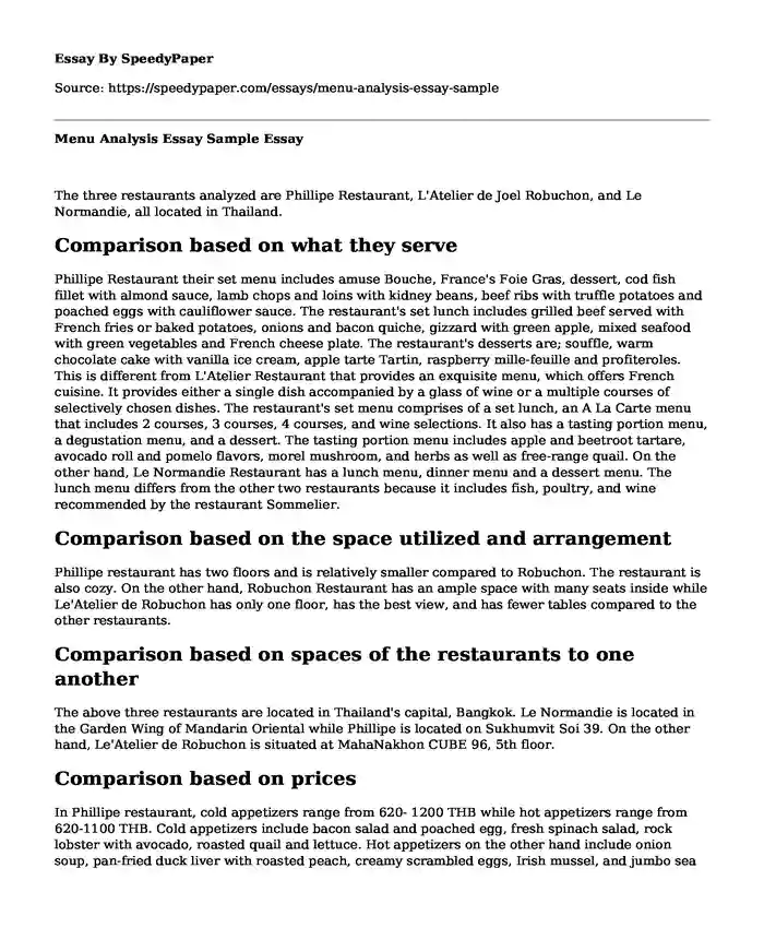 Menu Analysis Essay Sample