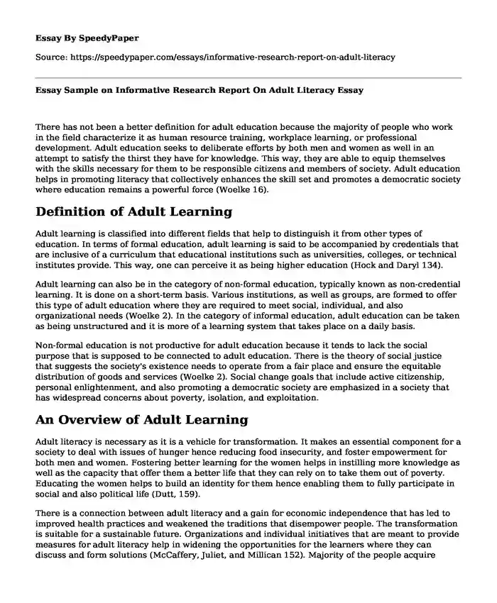 Informative Research Report On Adult Literacy