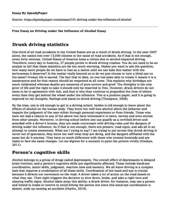 Free Essay on Driving under the Influence of Alcohol