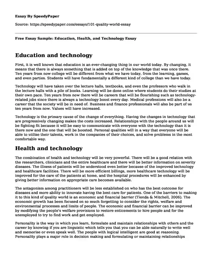 Free Essay Sample: Education, Health, and Technology