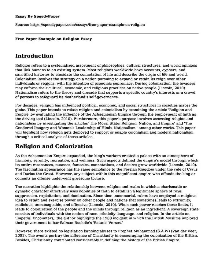Free Paper Example on Religion