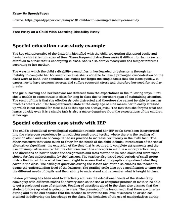 Free Essay on a Child With Learning Disability