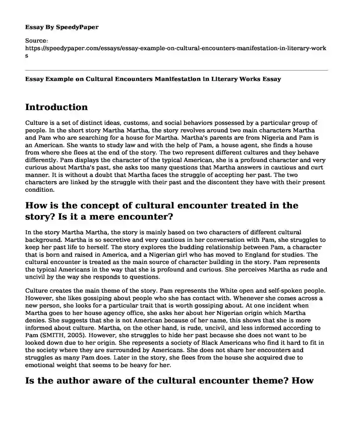 Essay Example on Cultural Encounters Manifestation in Literary Works