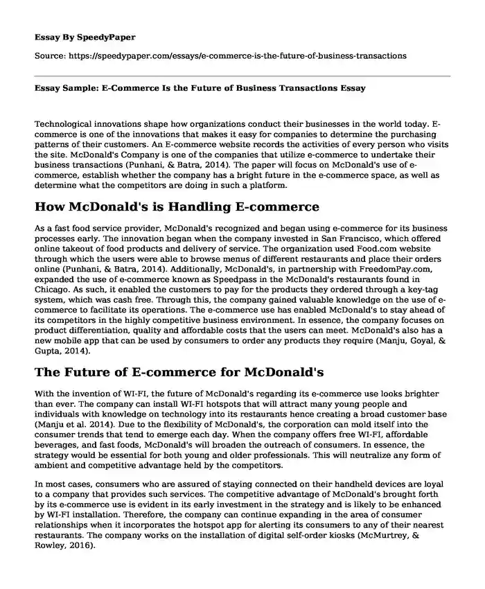 Essay Sample: E-Commerce Is the Future of Business Transactions