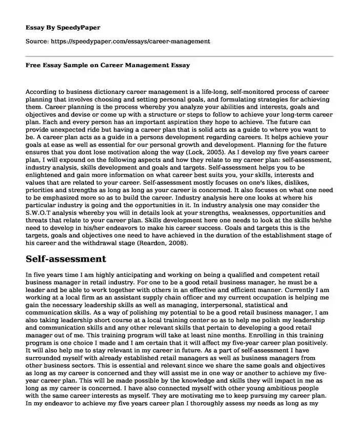 Free Essay Sample on Career Management
