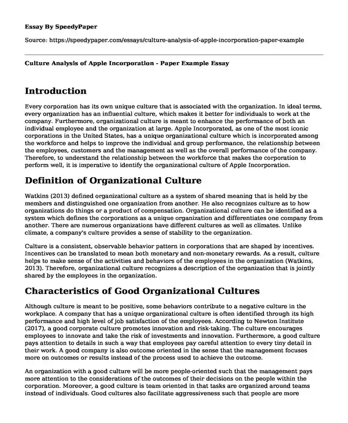 Culture Analysis of Apple Incorporation - Paper Example
