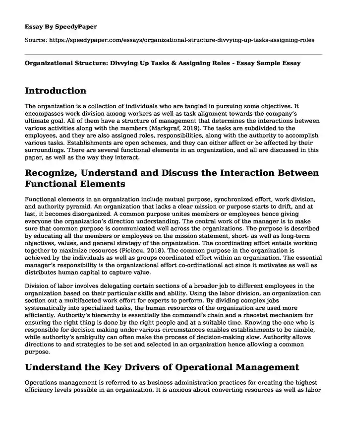 Organizational Structure: Divvying Up Tasks & Assigning Roles - Essay Sample