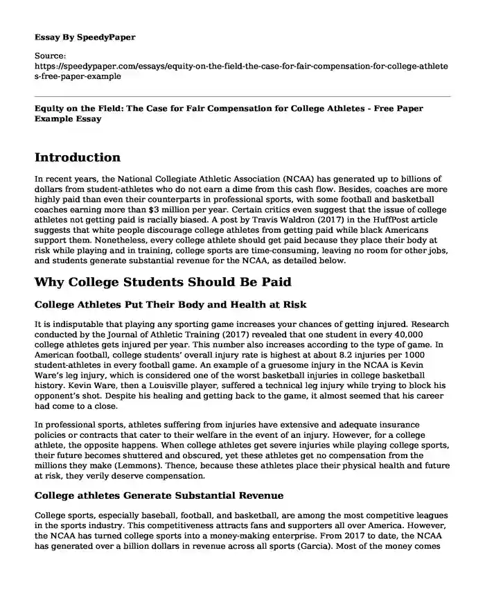 Equity on the Field: The Case for Fair Compensation for College Athletes - Free Paper Example