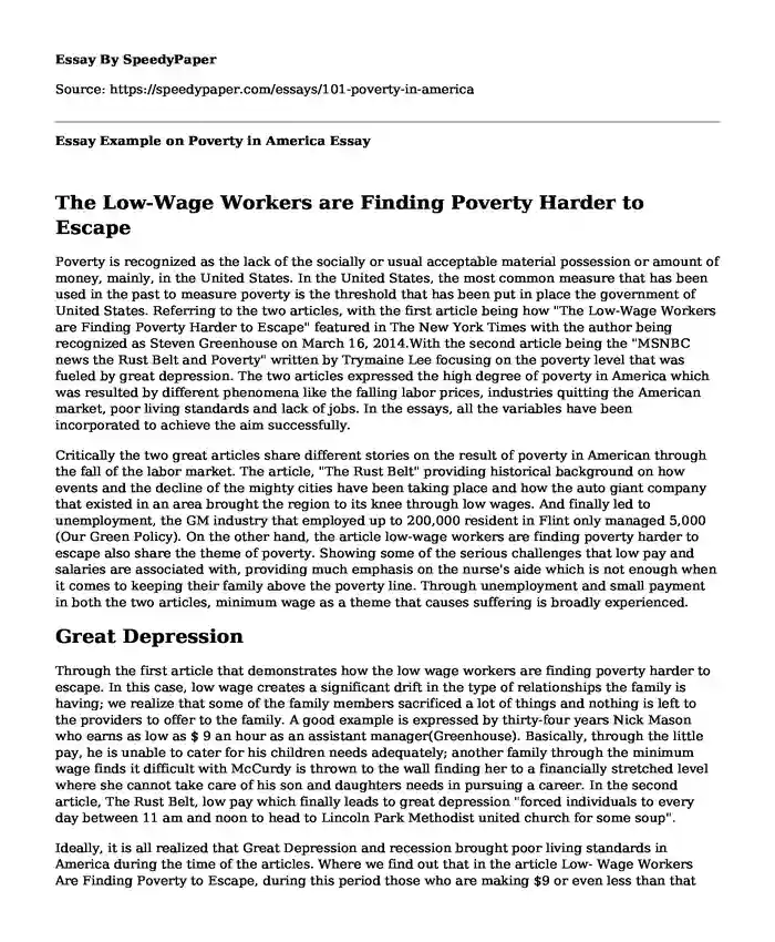 Essay Example on Poverty in America