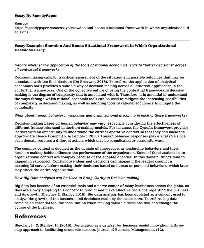  Essay Example: Snowden And Boone Situational Framework in Which Organizational Decisions