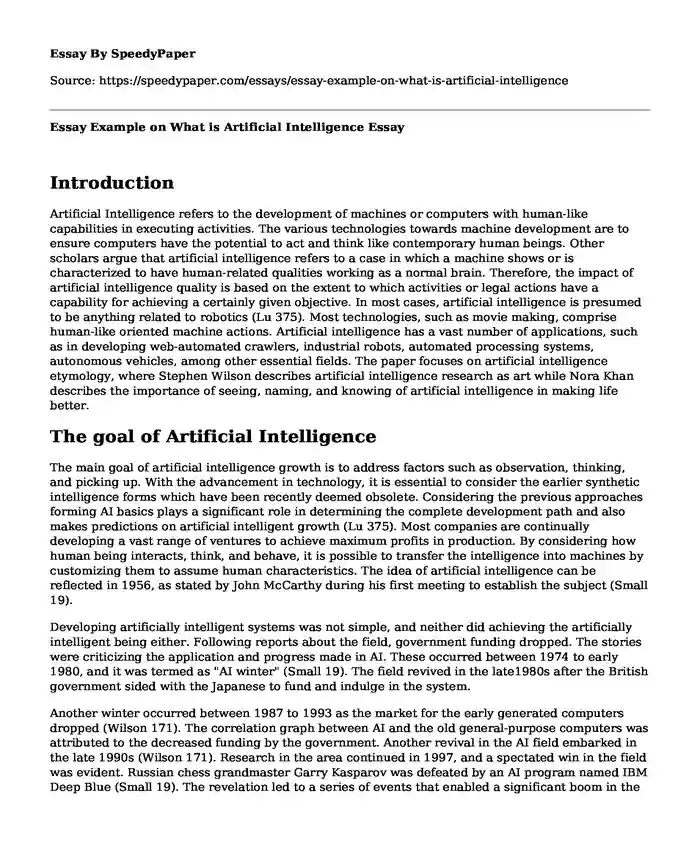 Essay Example on What is Artificial Intelligence
