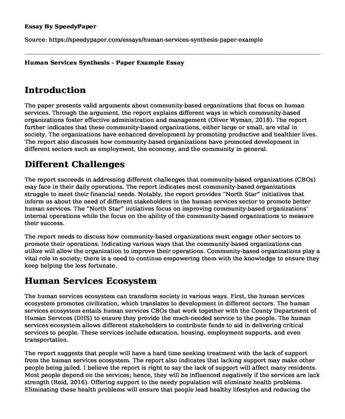 Human Services Synthesis - Paper Example