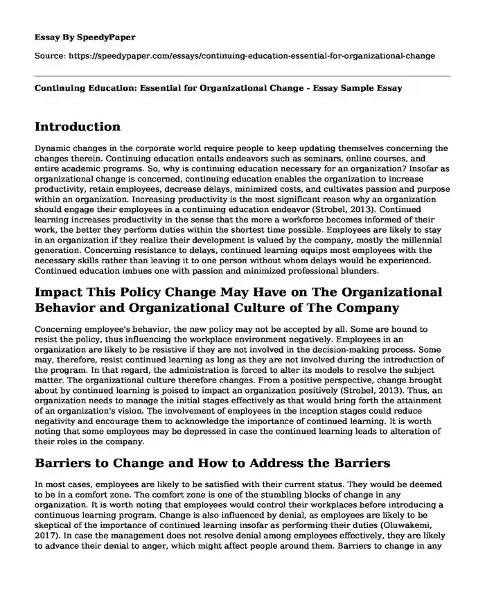 Continuing Education: Essential for Organizational Change - Essay Sample