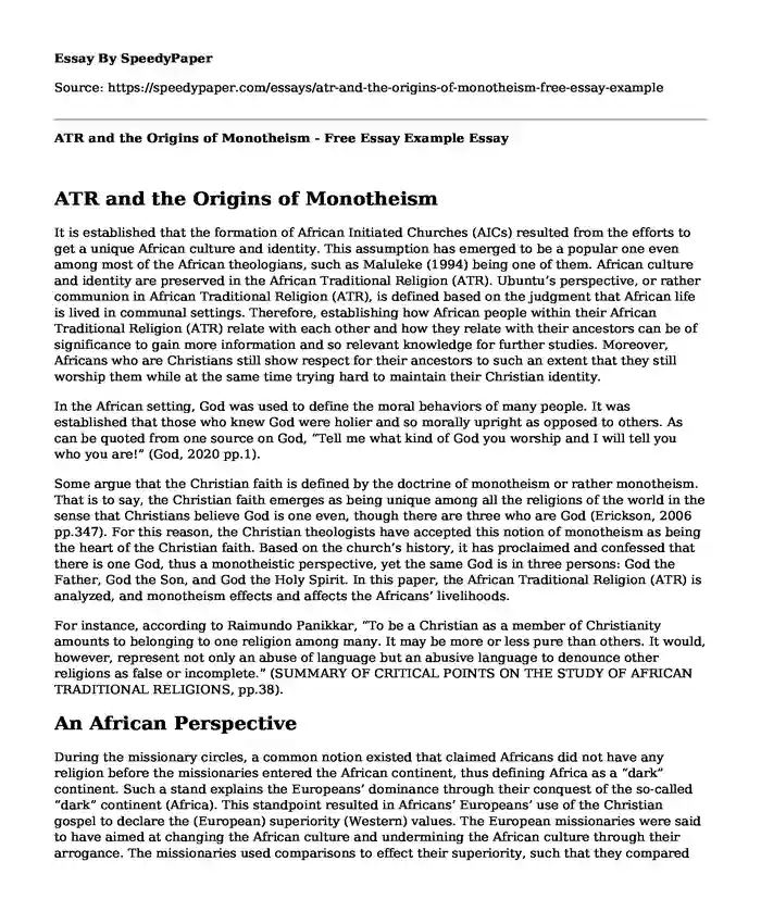 ATR and the Origins of Monotheism - Free Essay Example