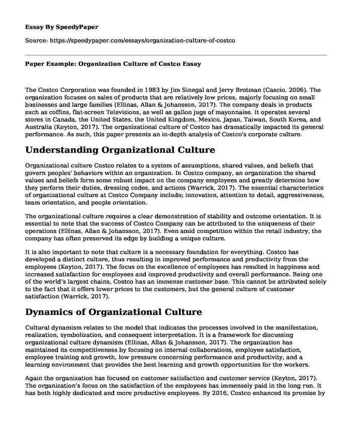 Paper Example: Organization Culture of Costco