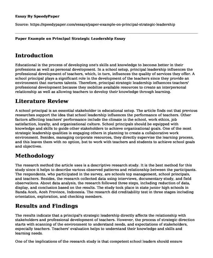 Paper Example on Principal Strategic Leadership