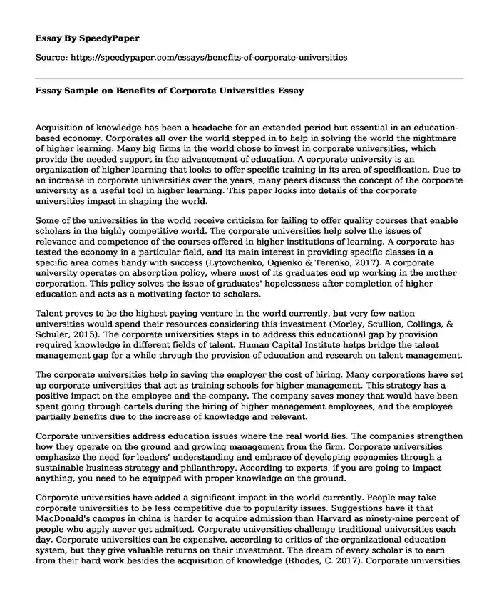Essay Sample on Benefits of Corporate Universities