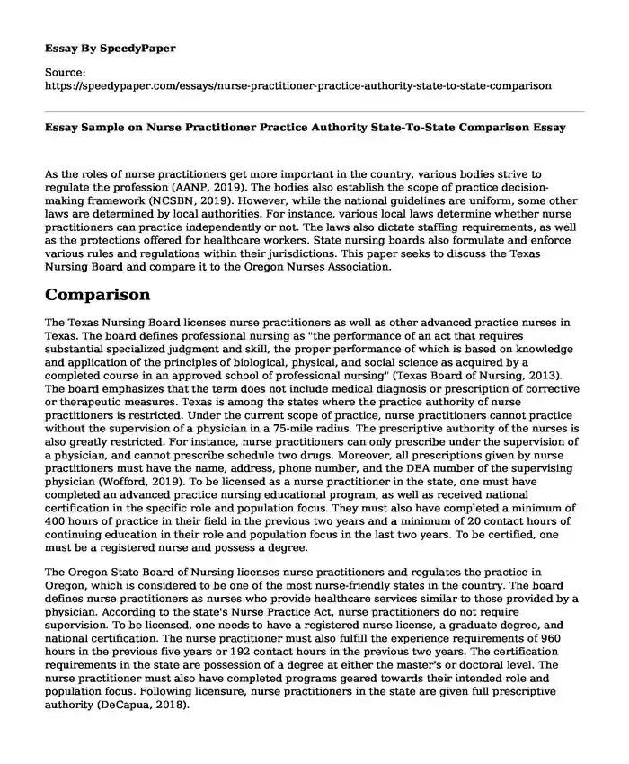 Essay Sample on Nurse Practitioner Practice Authority State-To-State Comparison