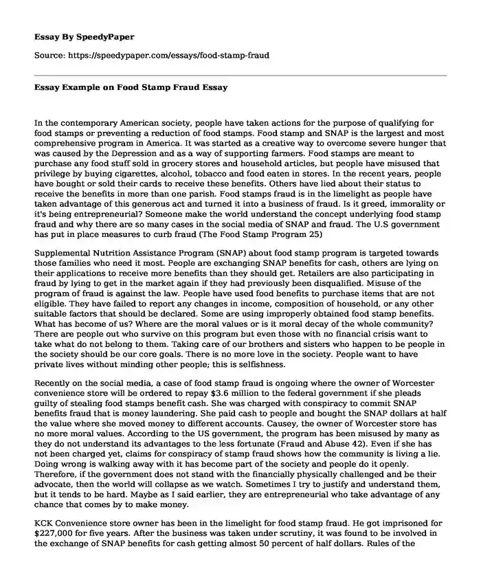 Essay Example on Food Stamp Fraud