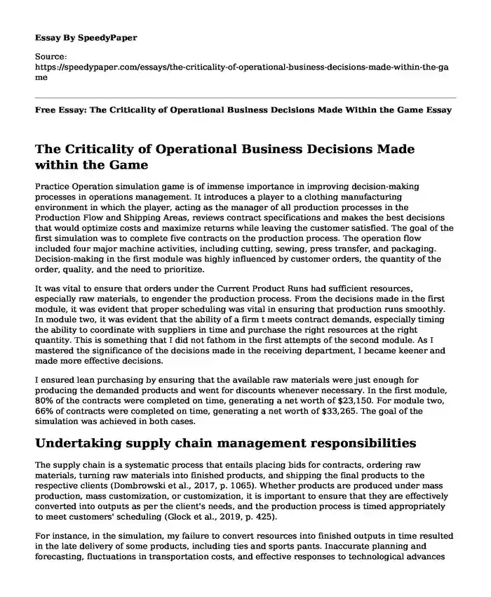 Free Essay: The Criticality of Operational Business Decisions Made Within the Game