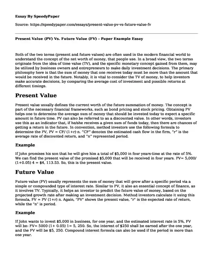 Present Value (PV) Vs. Future Value (FV) - Paper Example