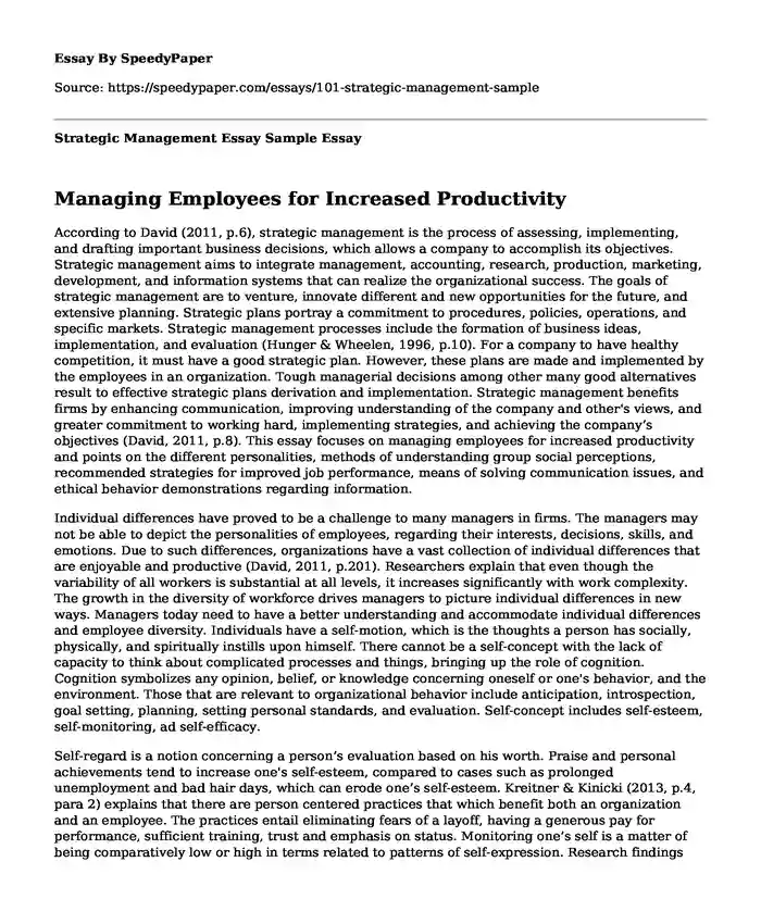 Strategic Management Essay Sample