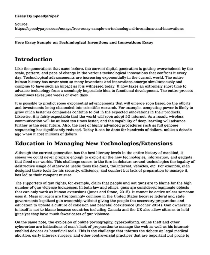 Free Essay Sample on Technological Inventions and Innovations